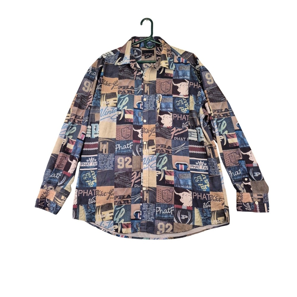 Phat Farm Mens XL Long Sleeve Button Down Patchwork Graphic Print Shirt Y2K Blue